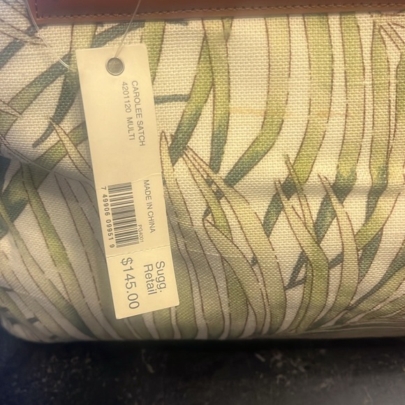 NWT Carolee cream and tan palm, fronds satchel Carmel colored handle - Picture 5 of 6